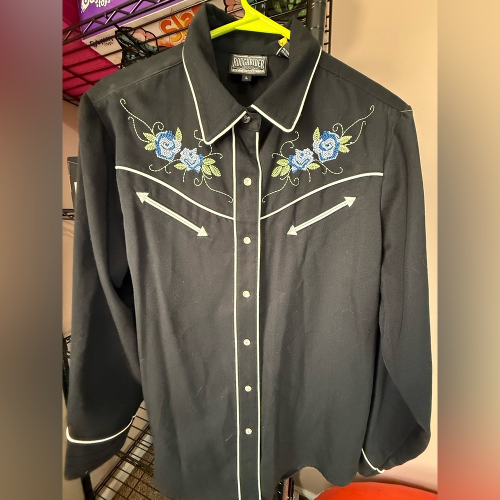 Roughrider Black Embroidered Floral Button Down Shirt
